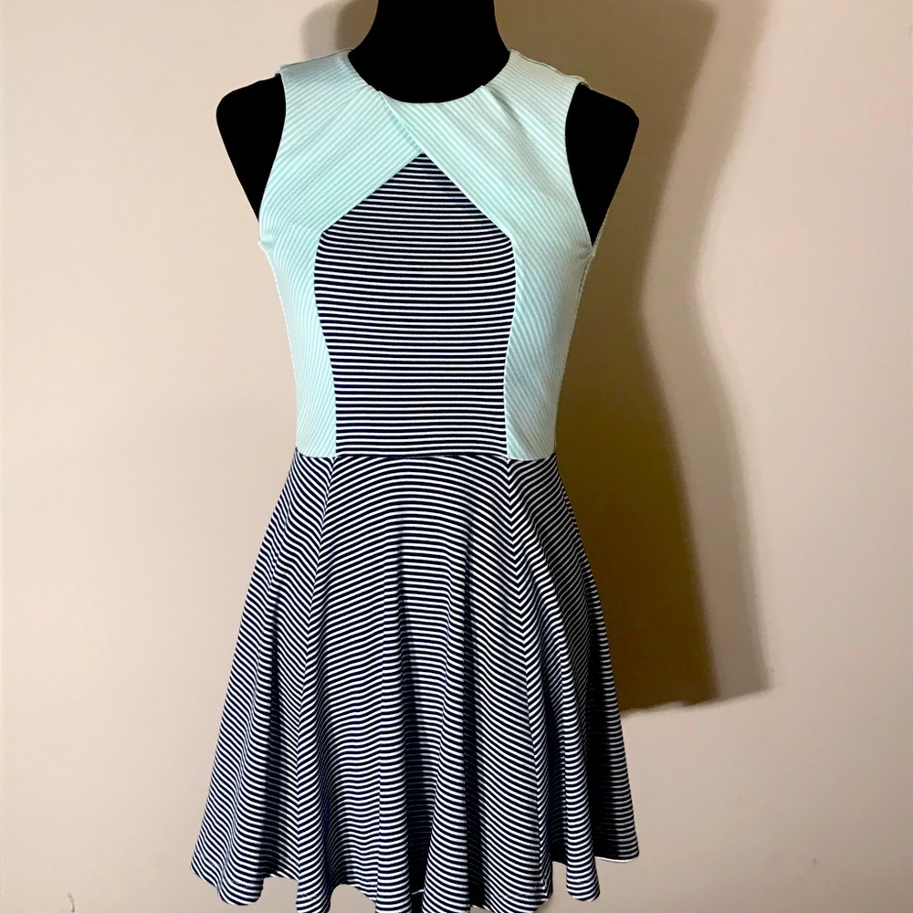 Opening Ceremony Teal Navy Sleeveless Open Back Stripe Skater Flare Dress XS